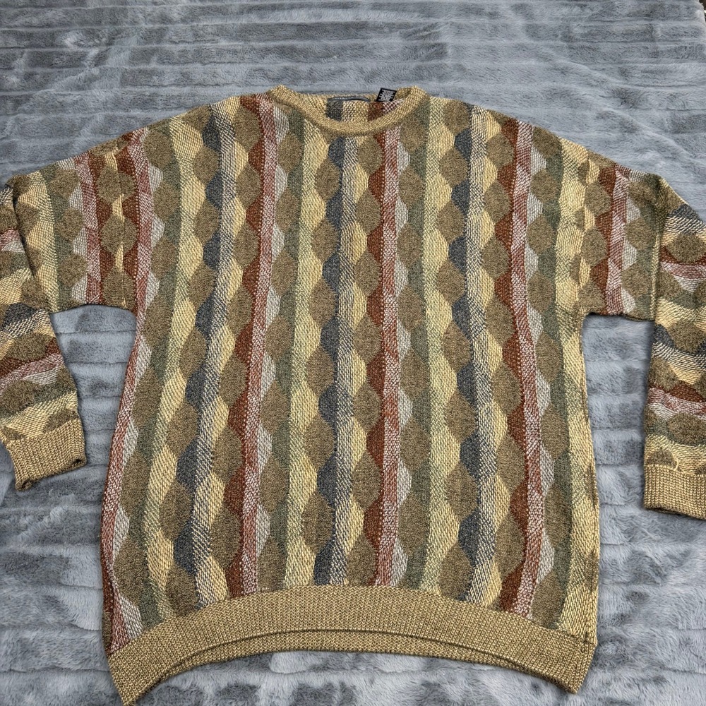 Vintage Northern Isles Mens XXL Geometric Diamond Knit Crewneck Sweater Multi